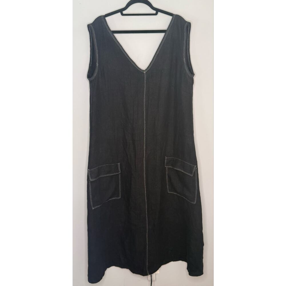 Unbranded Black 100% Linen White Stitching Sleeveless V-neck Maxi Dress 2X/3X